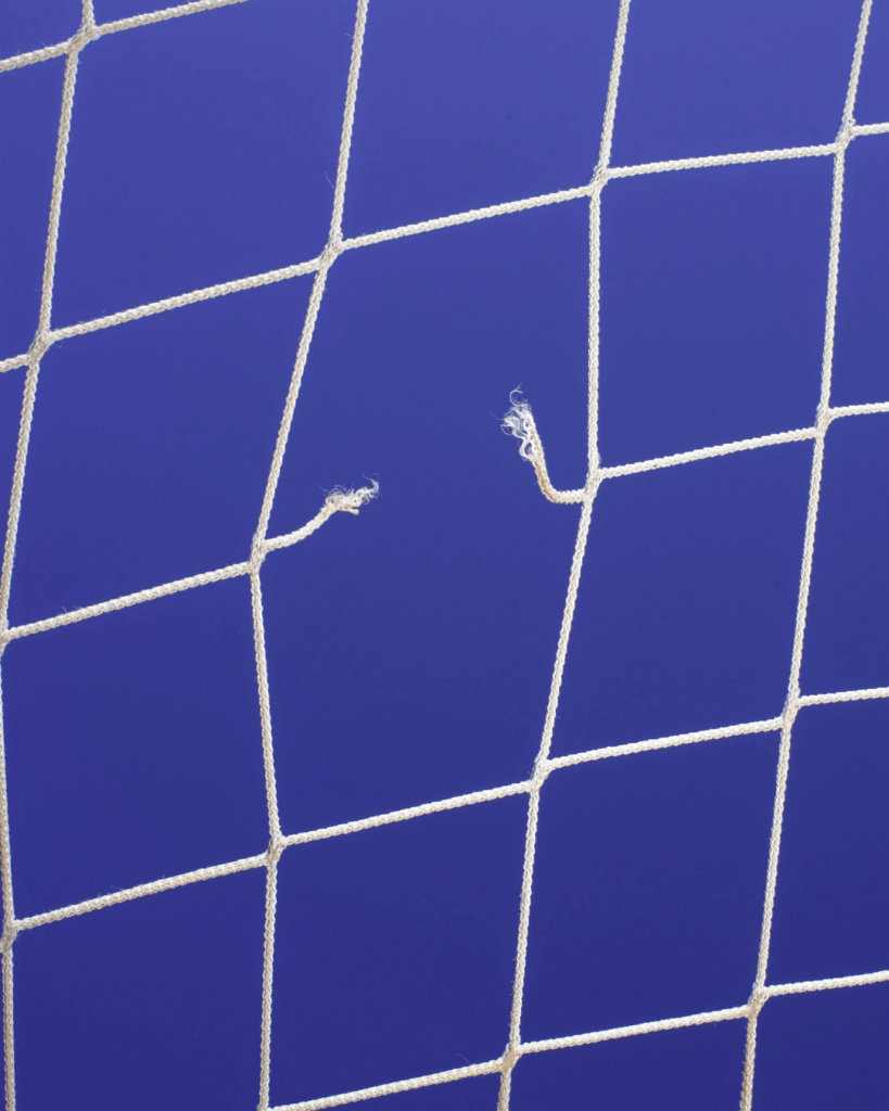 Image shows purple background with broken volleyball net